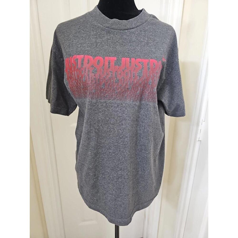 Vintage Nike Men's Just Do It T-Shirt Medium Red Script Graphic Swoosh Gray